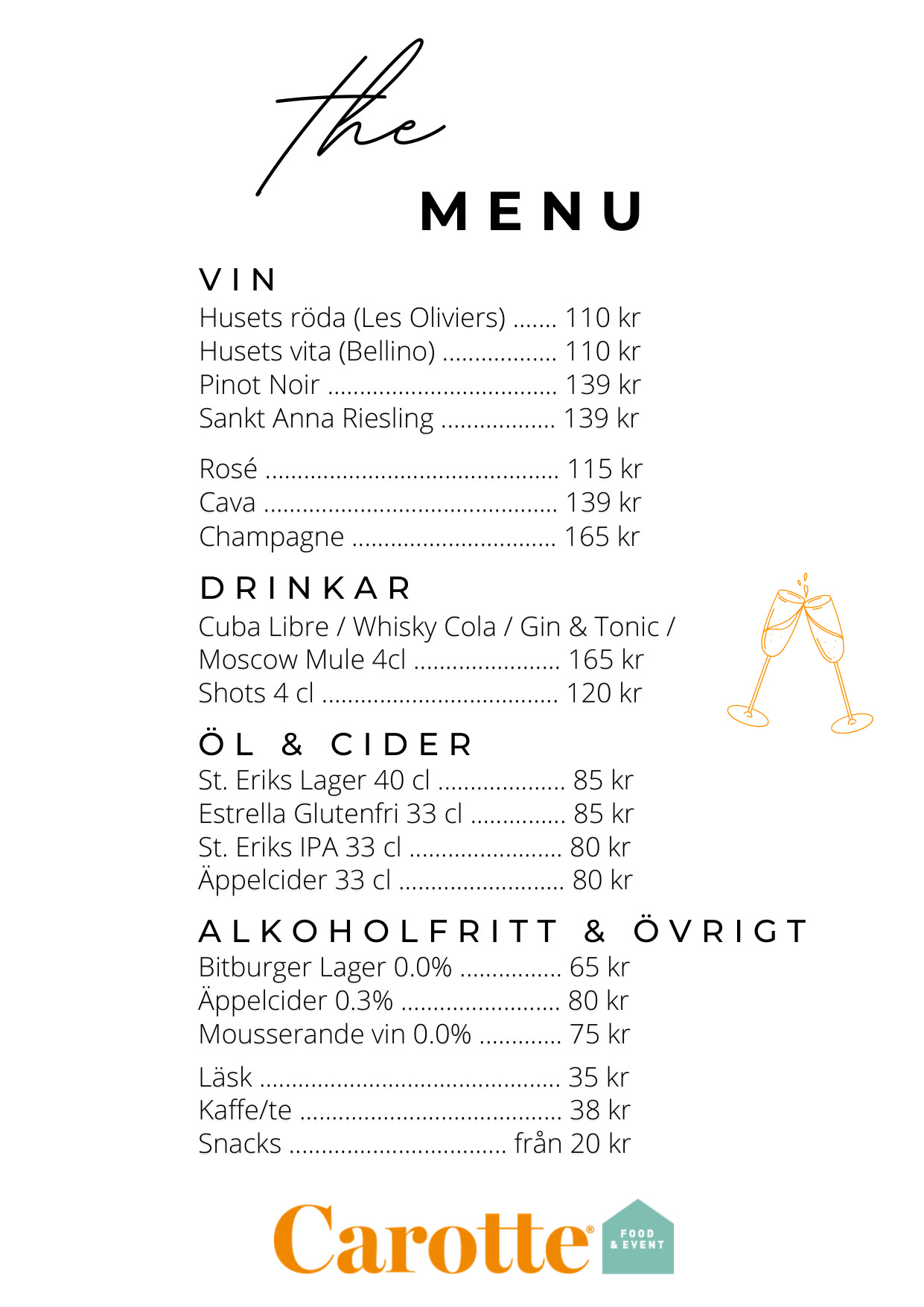 Dryckesmeny från Carotte: vin, drinkar, öl och cider, alkoholfritt och övrigt, med priser